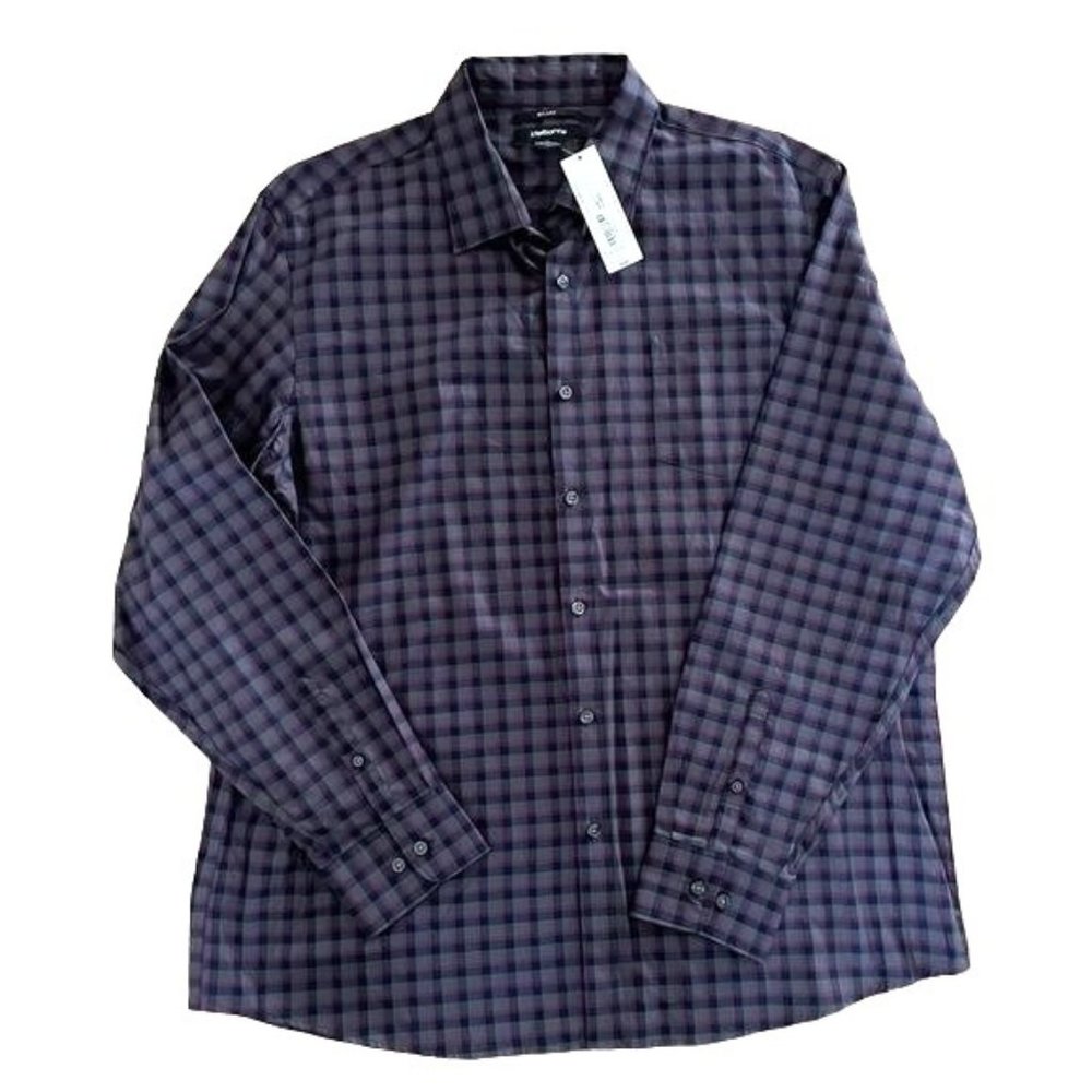 NWT Claiborne Mens Long Sleeve Button Down Dress Shirt, Gray & Magenta Plaid, XL